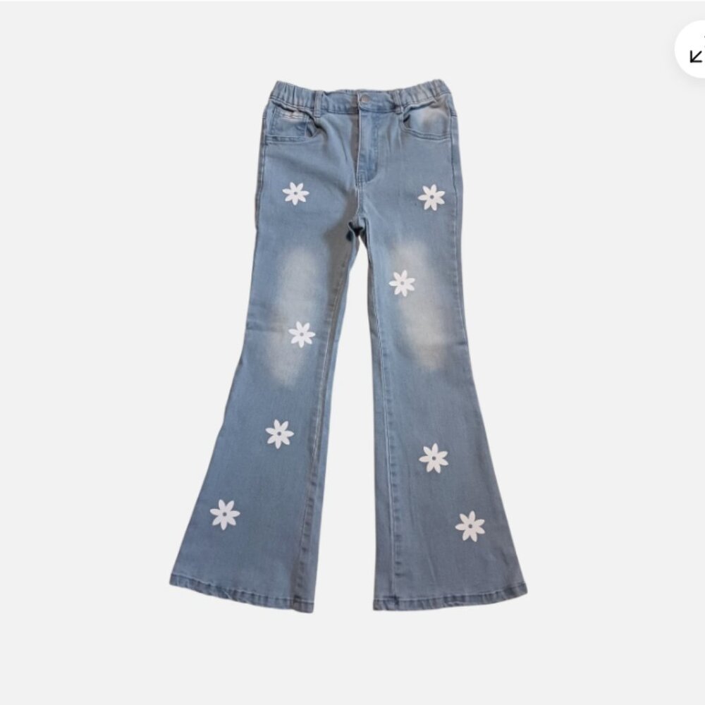 SHEIN Youth Girls 10Y Blue Denim Flare Leg Light Wash Flower Elastic Waist pants - Picture 2 of 7